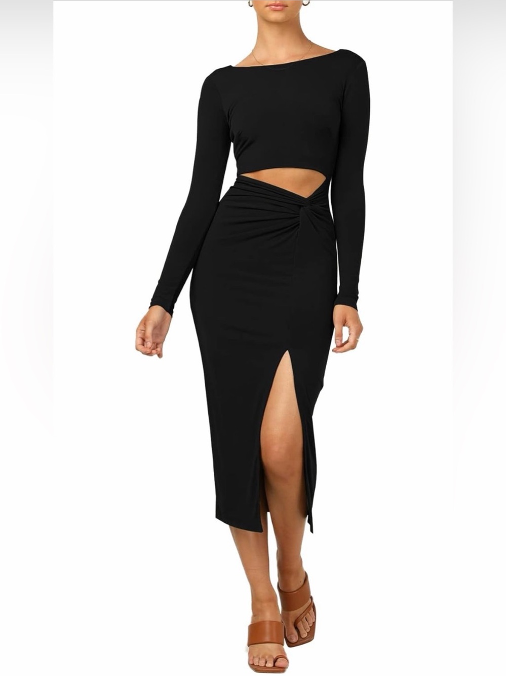 LYANER Black Cutout Twist Knot Long Sleeve Bodycon Midi Dress Side Slit S 